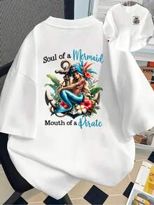 New 180g Short-Sleeved T-Shirt, 1% Cotton, With Front And Back Prints - Pirate Mermaid Print, Ocean Theme - Fashionable Printed T-Shirt For Women, Short-Sleeved, Suitable For All Seasons,  Clothing - Can Be Worn As A Base Layer In Spring And Autumn Or Alone In Summer, Unisex. - 白色 - 查看 1