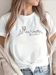 Short-Sleeved T-Shirt With A Minimalist And Modern Mountain Print, Lightweight And Durable, Perfect For Home, Cafes Or Outdoor Leisure Activities, Suitable For Everyday Casual Wear. - 白色 - 查看 1