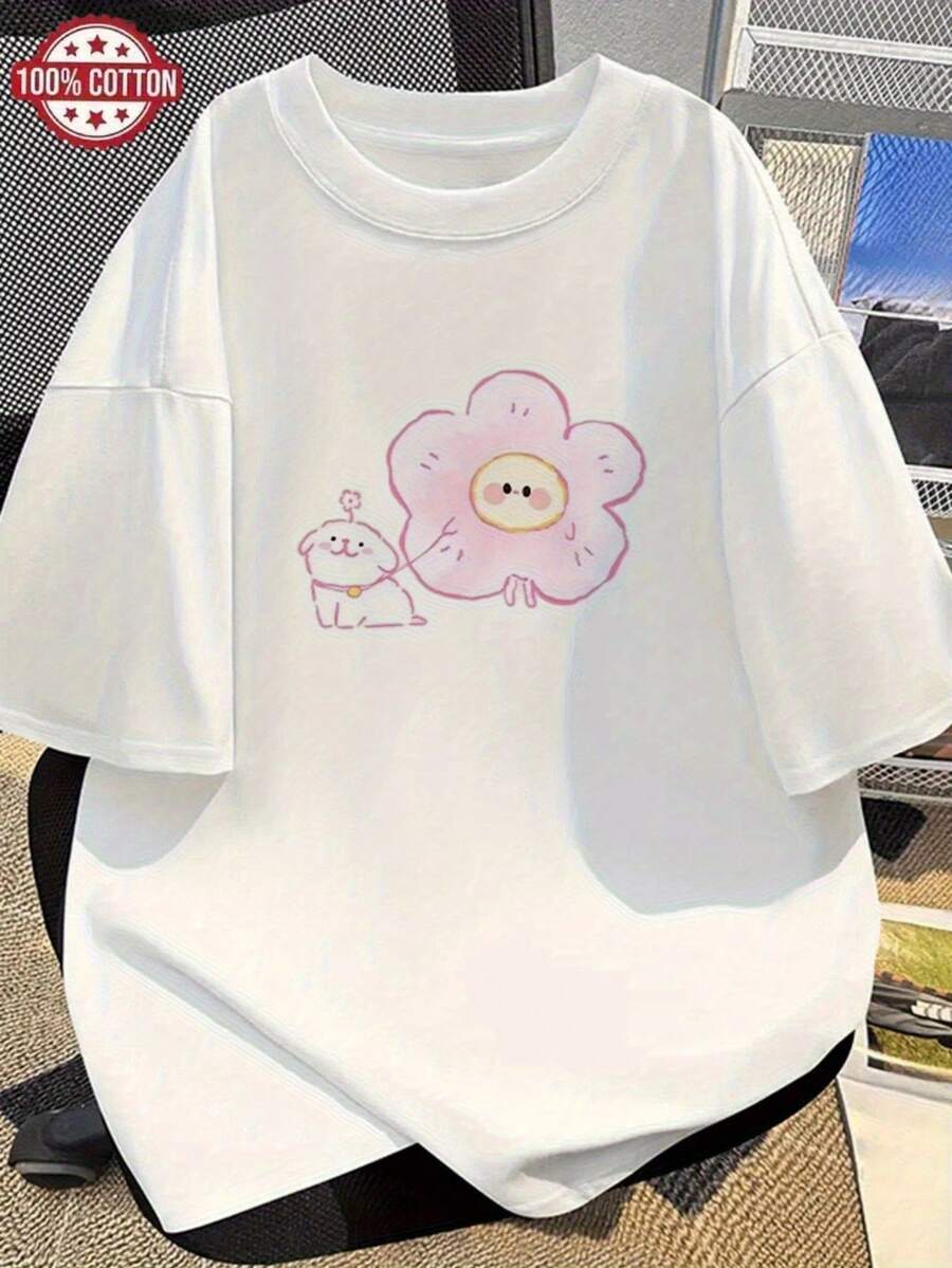 Modern And Minimalist Women's T-Shirt, Korean Style, With Cute Pink Rabbit And Cherry Blossom Print - White Short-Sleeved Blouse, Casual, Korean Fashion, Kawaii Style, Suitable For Spring And Daily Wear. - 白色 - 查看 1