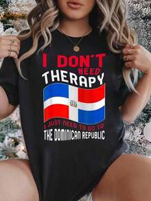 Mexican Women's Round Neck T-Shirt, Dominican Republic Flag Print, Short Sleeve, Casual, For Vacation And Travel, Summer Fashion Cotton T-Shirt - 黑色 - 查看 1