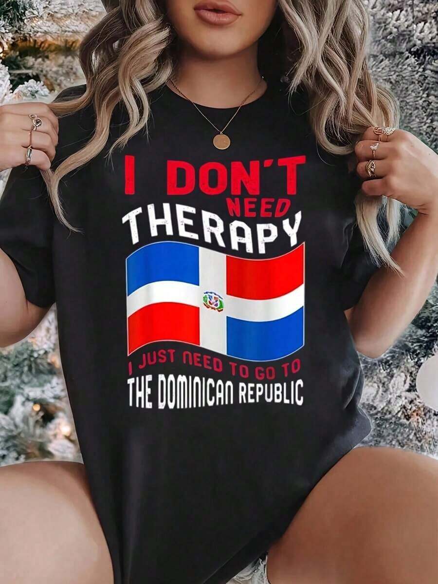 Mexican Women's Round Neck T-Shirt, Dominican Republic Flag Print, Short Sleeve, Casual, For Vacation And Travel, Summer Fashion Cotton T-Shirt - 黑色 - 查看 1