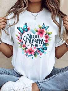 Women's T-Shirt With Heart, Butterfly And Flower Design "World's Best Mom", Mother's Day Gift, Casual Summer Top, 220g - Urban Vintage Style, Unisex, Loose Fit, Cotton, Short Sleeve, Round Neck, 100% Pure Cotton - 白色 - 查看 1