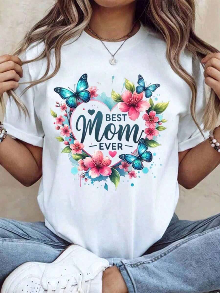 Women's T-Shirt With Heart, Butterfly And Flower Design "World's Best Mom", Mother's Day Gift, Casual Summer Top, 220g - Urban Vintage Style, Unisex, Loose Fit, Cotton, Short Sleeve, Round Neck, 100% Pure Cotton - 白色 - 查看 1