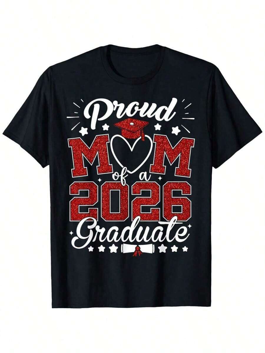 "Proud Mexican Mom Of Her Class Of 2026 Graduate" Graduation T-Shirt, Unisex - Fall/Winter, Halloween, Christmas, Thanksgiving, Veterans Day, Graduation Gifts For Parents, Friends, Family, And Coworkers (T-Shirt Only) Cotton T-Shirt Summer Fashion - 黑色 - 查看 1
