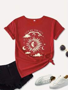 Women's Cotton T-Shirts, Round Neck, Casual Sun Goddess Print, Y2K Style, Comfortable, Loose, Casual, For Work, Going Out, Home Use, Plus Size, Spring-Summer T-Shirt For Women, Simple T-Shirt For Everyday Wear. - 紅色 - 查看 7