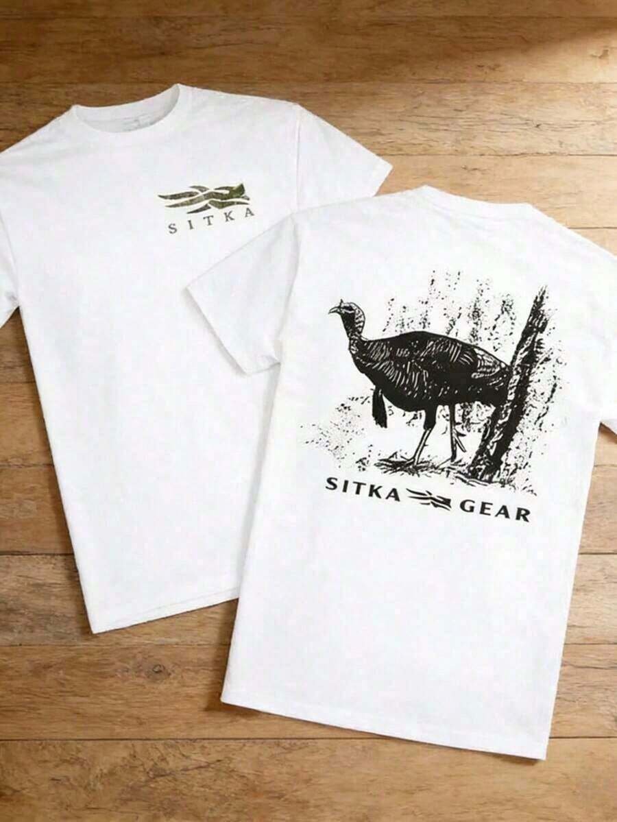 1 Piece Summer 2026 Graphic T-Shirt 100% Cotton Sitka Wild Turkey Print Crew Neck Rustic Hunting Style Short Sleeve Casual Men's Gift For Father's Day 4th Of July Clothing, Soft. - 白色 - 查看 1
