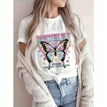 Women's Plus-Size Printed Short-Sleeve Crew Neck T-Shirt, Breathable And Perfect For Summer. This Casual, Butterfly-Print T-Shirt Is Ideal For Spring, Summer, And Fall. Suitable For Year-Round Wear, It's Simple, Makes A Great Gift, And Is Perfect For Everyday Wear, Especially During The Cool Summer Months. - 白色的 - 查看 6