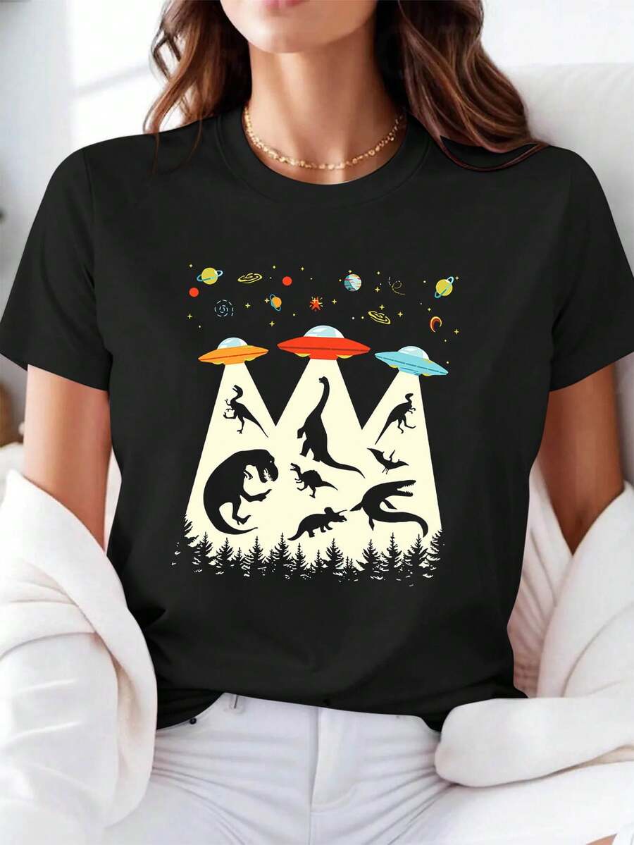 Women's Sci-Fi Dinosaur And UFO Print T-Shirt, Short Sleeve, Round Neck, Casual Spring/Summer Style, Suitable For Holiday Celebrations And Daily Outings - Unisex Cotton Loose Fit Urban Vintage Style Round Neck Short Sleeve T-Shirt. - 黑色 - 查看 1