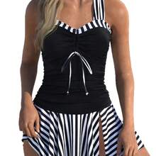 Women's Tankini 2026, Striped Print With Lace-Up And Slit Skirt, Moderate Coverage Style - JY1093-bK - View 6