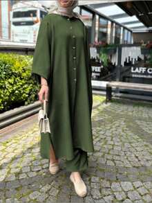 Set de 2 piezas, blusa larga con botones a juego con pantalones de pierna ancha, digno y elegante - Verde militar - Ver 2
