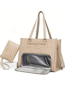 Lunch Tote Bag For Women, 15.6 Inch Laptop Work Bag With Insulated Lunch Box Compartment & Purse Large Capacity Quilted Computer Handbag For Office Business Work Nurse Teacher Moms Travel Casual - Màu be - Xem 1