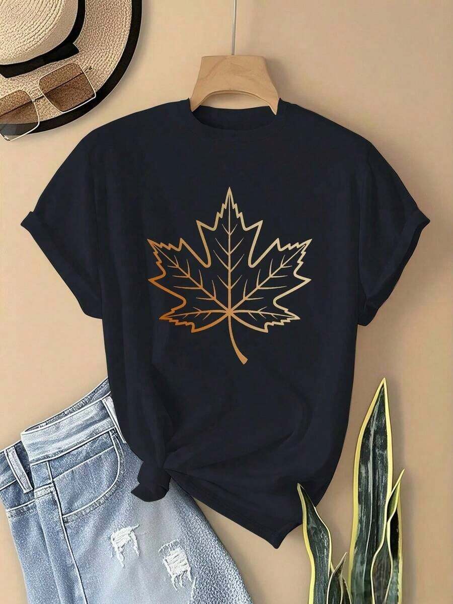 Women's Premium Comfortable Everyday T-Shirt - Simple Gold Maple Leaf Pattern T-Shirt, White With Gold Details - Basic Everyday Top, Suitable For Autumn And Year-Round Wear - Casual Essential For Everyday Wear, Seasonal Fashion, Geometric Pattern T-Shirt, Comfortable Fit, Versatile Garment, Simple Design, Lightweight T-Shirt, Printed T-Shirt, Loose Fit Short Sleeve Cotton T-Shirt For Fashion Lovers, Gift Idea - 黑色 - 查看 1