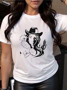 2026 New Cotton Shirt 100% Cotton Women's Summer Casual T-Shirt With Round Neck, Cowgirl Style, Southwest Cactus Design, Regular Knit, Medium Elasticity, Women's Simple Solid Color Shirt, Loose And Casual Short Sleeve - 白色的 - 查看 7