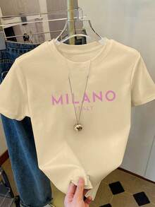 Camiseta con estampado de letras, manga corta y cuello redondo, top casual para verano y primavera, ropa de mujer - Caqui 1 - Ver 7
