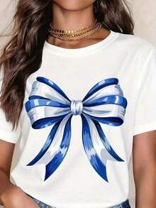 Women's Blouses | Couple T-Shirts | Women's Black T-Shirt With Blue And White Bow Print, Casual Short-Sleeved Top,  Graphic Tee | Exquisite Design | Loose And Comfortable | Easy To Match | - 白色的 - 查看 10