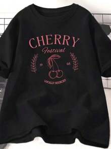 Printed T-Shirts For Women, Plus-Size Streetwear Tops, Comfortable And Stylish Summer Tees That Go With Everything. Vintage Cherry T-Shirt For Women, Cherry Festival T-Shirt, Summer Fruit Print Tees, Casual Short-Sleeve Tees, Y2K Graphic Tees. - 黑色 - 查看 6