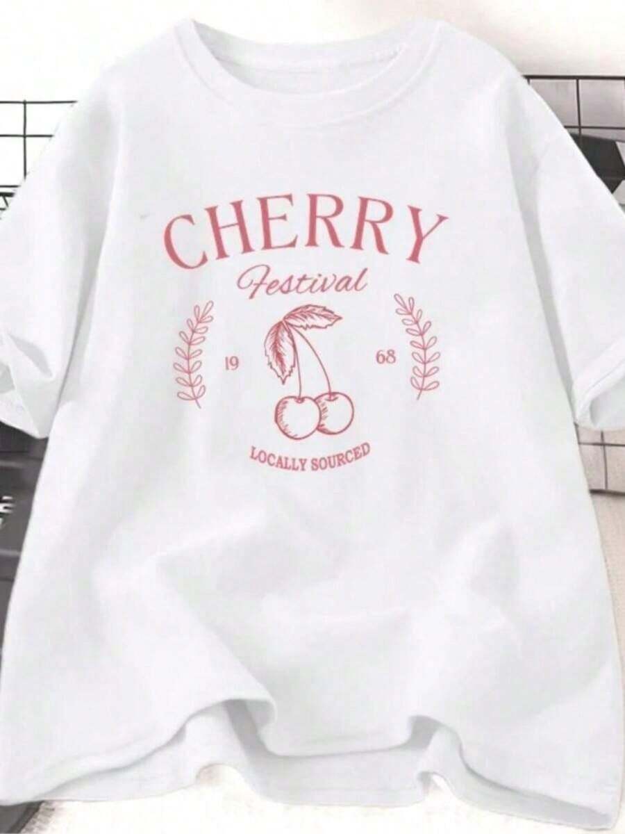 Printed T-Shirts For Women, Plus-Size Streetwear Tops, Comfortable And Stylish Summer Tees That Go With Everything. Vintage Cherry T-Shirt For Women, Cherry Festival T-Shirt, Summer Fruit Print Tees, Casual Short-Sleeve Tees, Y2K Graphic Tees. - 白色 - 查看 1
