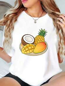 Summer Short-Sleeved T-Shirt With Tropical Fruit Design, Coconut, Pineapple And Mango - White - View 1