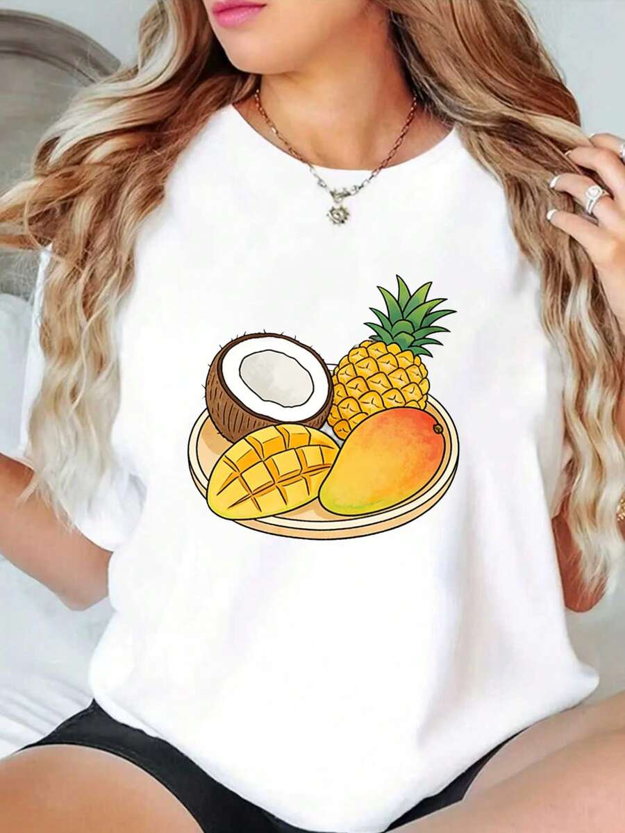Summer Short-Sleeved T-Shirt With Tropical Fruit Design, Coconut, Pineapple And Mango - White - View 1