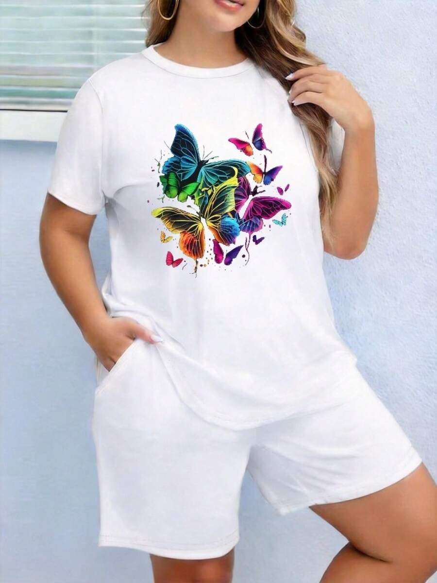 Women's Crew Neck T-Shirt, Vibrant Butterflies, Blue Pink Yellow Rainbow Palette, Bold Graphic Style, Dynamic Composition, Playful Aesthetic, Gradient Details And Artistic Brushstrokes, Machine Washable, Durable Fabric, Casual Style, Comfortable Material, Print Design, Loose Casual Wear, Pair With Jeans, Pair With Shorts, Wear With A Light Jacket - 白色 - 查看 1