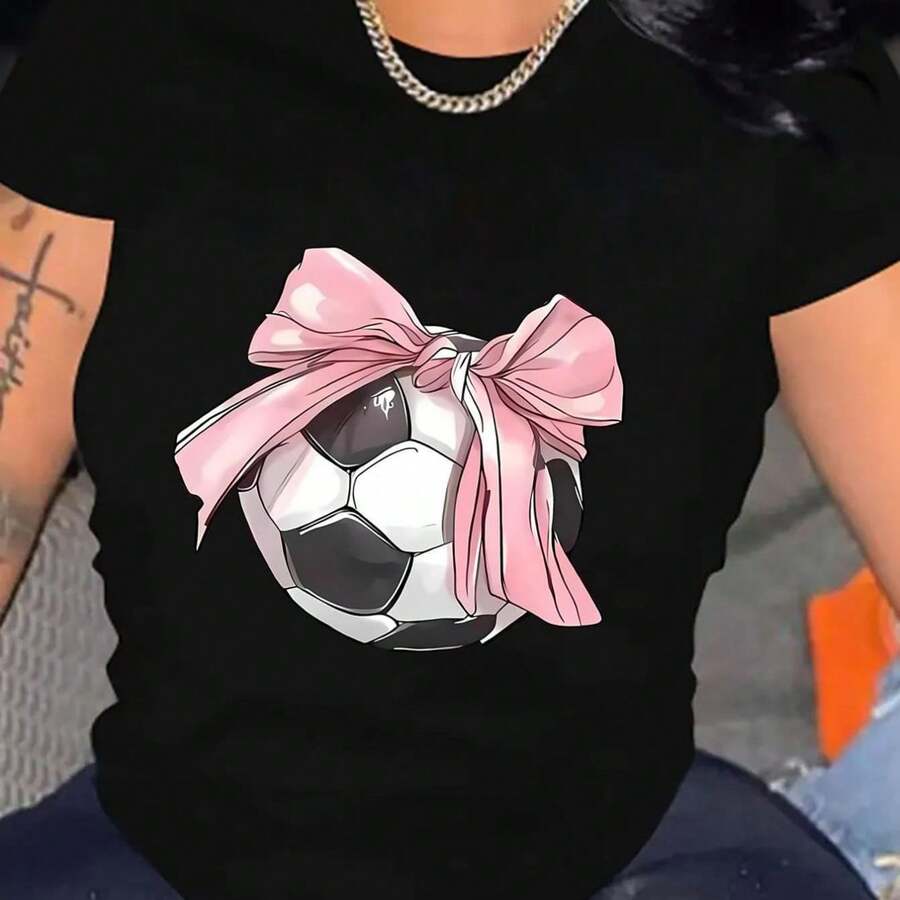Camiseta de mujer con lazo R fútbol camiseta de manga corta patrón flor versión convencional camiseta pro piel transpirable, suave y cómoda tela cómoda adecuada para cuatro estaciones con blusa casual de cuello redondo adecuada para el uso diario - negro - Ver 1