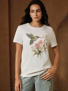Women's Printed T-Shirt, New Summer T-Shirt For Women, Casual, Beaded, Hummingbird And Flower Print, Round Neck, Short Sleeve, Soft Style, Versatile, Slim Fit, Casual Summer Top. - 白色 - 查看 5