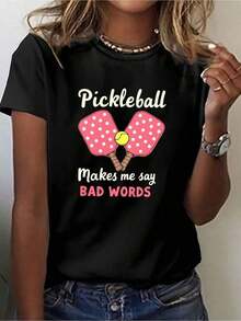 1 Piece, Plus Size, "Pickleball Me Makes Say BAD WORDS" Print T-Shirt, Short Sleeve, Round Neck, Casual Summer Style, New Style, Simple And Modern Style, Loose And Comfortable, Suitable For All Seasons, Retro Design T-Shirt, Suitable For Women, Elegant Standard Size Blouse For Women, Casual Short Sleeve T-Shirt, Soft. - 黑色 - 查看 1
