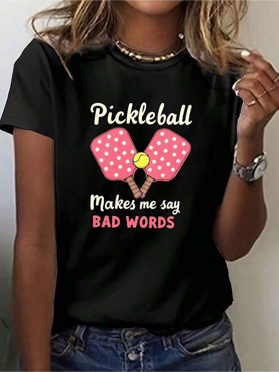 1 Piece, Plus Size, "Pickleball Me Makes Say BAD WORDS" Print T-Shirt, Short Sleeve, Round Neck, Casual Summer Style, New Style, Simple And Modern Style, Loose And Comfortable, Suitable For All Seasons, Retro Design T-Shirt, Suitable For Women, Elegant Standard Size Blouse For Women, Casual Short Sleeve T-Shirt, Soft. - 黑色 - 查看 1