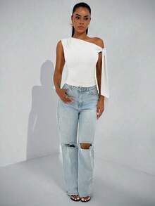 Elegante blusa de mujer con hombros asimétricos y cuello con lazo, adecuada para citas casuales, fiestas nocturnas, uso diario, otoño - Blanco - Ver 3