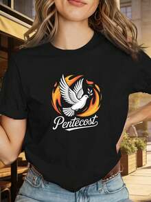 Camiseta Deportiva Casual para Mujer con Diseño de Paloma Blanca y Llama - Camiseta Negra Elástica de Cuello Redondo, Lavable aáquina, Ajuste Cómodo y Apta para Todas las Estaciones, para Uso Diario. - Negro - Ver 6