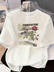 T-Shirt With Rose And Retro Newspaper Design, Fashionable Short-Sleeved T-Shirt For Spring And Summer 2026, Made In Mexico, 180 Grams. Cartoon Print, Couple Design, Suitable For Indoor Or Outdoor Wear. Crew Neck, Unisex, Ideal For Office And Leisure. One-Pack. - WH-P631577SLNDXZGY581 - 查看 2
