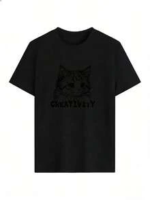 T-Shirt With Cat Print And "CREATIVITY" Text, Fashionable Short-Sleeved T-Shirt For Spring And Summer 2026, Made In Mexico, 180 Grams. Cartoon Print, Couple Design, Suitable For Indoor Or Outdoor Wear. Crew Neck, Unisex, Ideal For The Office And Leisure. One-Pack. - BK-P631577SLNDXZGY589 - 查看 2
