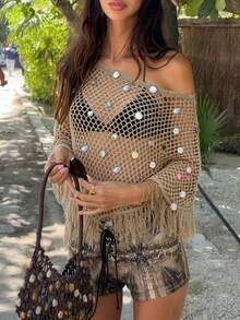 2026 Women's Spring/Summer New Style, Featuring Asymmetrical Cut Design. Pairs Perfectly With Camisoles, Shorts To Showcase A Casual, Relaxed Vibe. Suitable For Parties, Casual Daily Wear, Beach Trips, Vacations, Street Style And More. - Khaki - View 8
