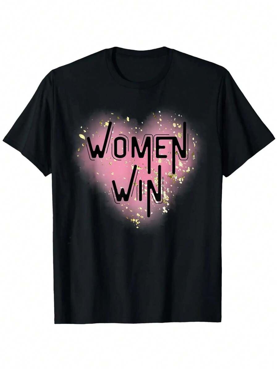 | Exquisite Design | Loose And Comfortable | Easy To Match | Women's Printed T-Shirt - 100% Cotton, 180 Grams, Breathable Casual Top, Exclusive Heart And Star Prints For International Women's Day, Suitable For Outdoor Activities, All-Season Wear (Regular Fit S-XXXL), Sporty Round Neck Design, Comfortable Fabric. - 黑色 - 查看 1
