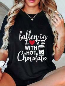 Premium 100% Cotton T-Shirt With Hot Chocolate Graphic Print For Valentine's Day, Casual And Comfortable Crew Neck T-Shirt For Women, New Summer T-Shirt For Women, Gift Idea - 黑色 - 查看 7