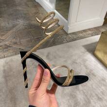 Women's Rhinestone Snake Wrap Hollow Slim Stiletto Open Toe Ankle Strap Heels - Black - View 2