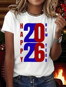 Women's Casual White Sports T-Shirt With HAPPY YEAR 20W6 Design - Elastic Round Neck T-Shirt, Machine Washable, Comfortable Fit And Suitable For All Seasons, For Daily Style And Celebrations. - White - View 7