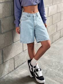 Quần short denim dáng rộng, đơn sắc, có túi Bermuda dành cho nữ - Rửa nhẹ - Xem 4
