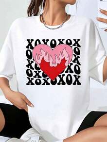 Women's Oversized T-Shirt With Heart And Flame Graphic Xoxo, Casual Valentine's Day Wear, Romantic And Cute Top - 白色 - 查看 7