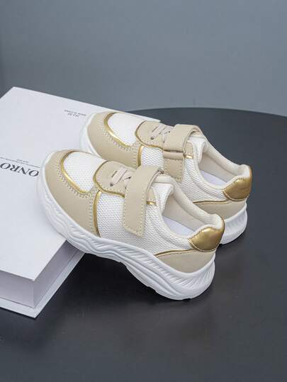 1 Pair Boys' Breathable Mesh Sports Shoes, Spring/Autumn Pink & Gold Color Block Hook And Loop Girls' Shoes, Lightweight Soft Sole Non-Slip Children Casual Sneakers