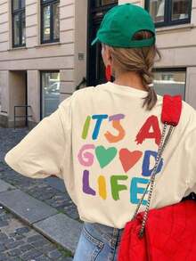 Women's Short-Sleeved T-Shirt With A Round Neck And Colorful Slogan Print, A New Summer Style Suitable For Everyday Wear. Vacation Graphic T-Shirt For Women, White Top For Women - 杏色 - 查看 9
