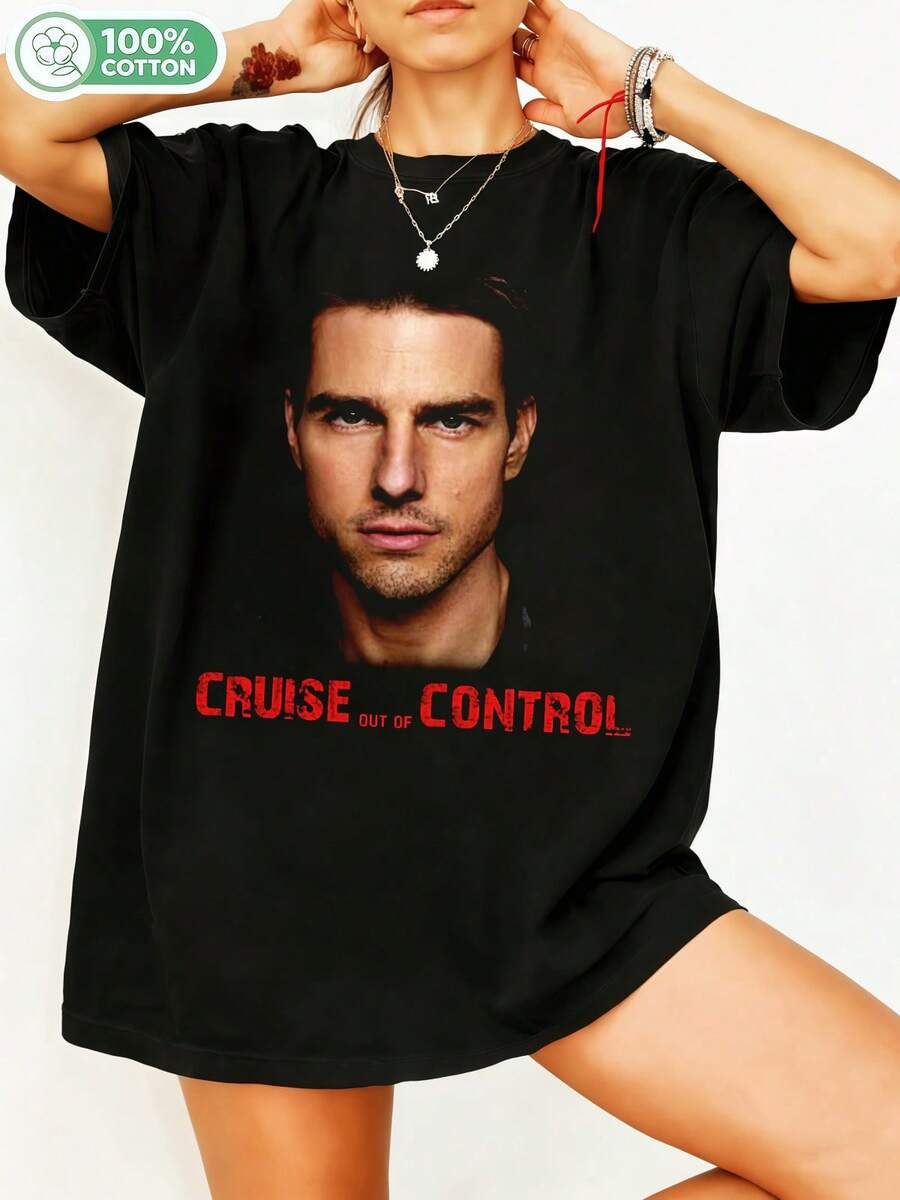 Tom Cruise - Actor Cruise Out Of Control Funny Vintage Graphic 100% Cotton Oversized T-Shirt Y2K Streetwear Unisex T-Shirt For Men Women Film Fans Casual Meme Top. - 黑色 - 查看 1