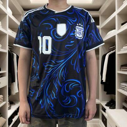 Men's Dark Blue Argentina Style Away Soccer Jersey, Abstract Floral Print Football Shirt With#10