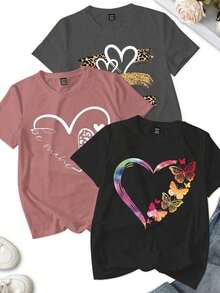 3 piezas Camiseta de mujer con combinación de estampado de leopardo y floral con forma de corazón, camisetas gráficas de verano para mujeres - Multicolor 2 - Ver 5