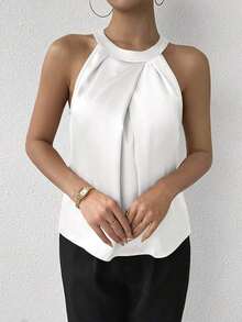 Blusa de crepé champán con cuello fruncido, sin mangas, elegante y sencilla para la oficina, para uso diario y de oficina - Blanco - Ver 3