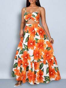 Vestido maxi elegante y casual para mujer de talla grande con estampado floral romántico, sin mangas, con cintura ceñida y nudo, tirantes de espagueti, para vacaciones en la playa, primavera y verano, para el verano en Hawái, vestidos de verano p - Naranja - Ver 6