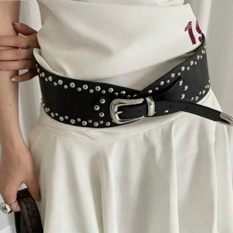 New Y2K Style Rivet Curved Waist Belt, Multifunctional Asymmetrical Belt - Black Silver Buckle - View 3