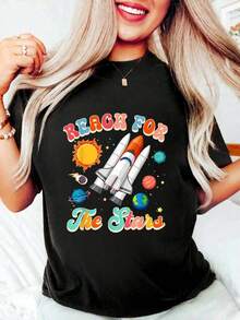 Space Lover Teacher Life Back To School Reach For The Stars T-Shirt Graphic Tees Short Sleeve Tops T Shirts Women Tshirts For Women Cotton Tops Women Festival Outfits - 黑色 - 查看 6