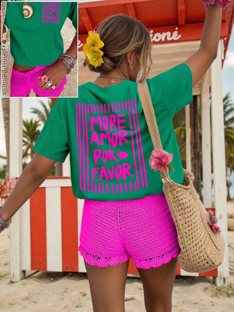 DrmWander Women's Graphic T-Shirt, Casual Short Sleeve Style, Cute Summer Top. Matching Sets For Women's Summer Outfits. Women's Spring Set. Women's Retro Set. Tropicoqueta Sets - 深灰色 - 查看 1