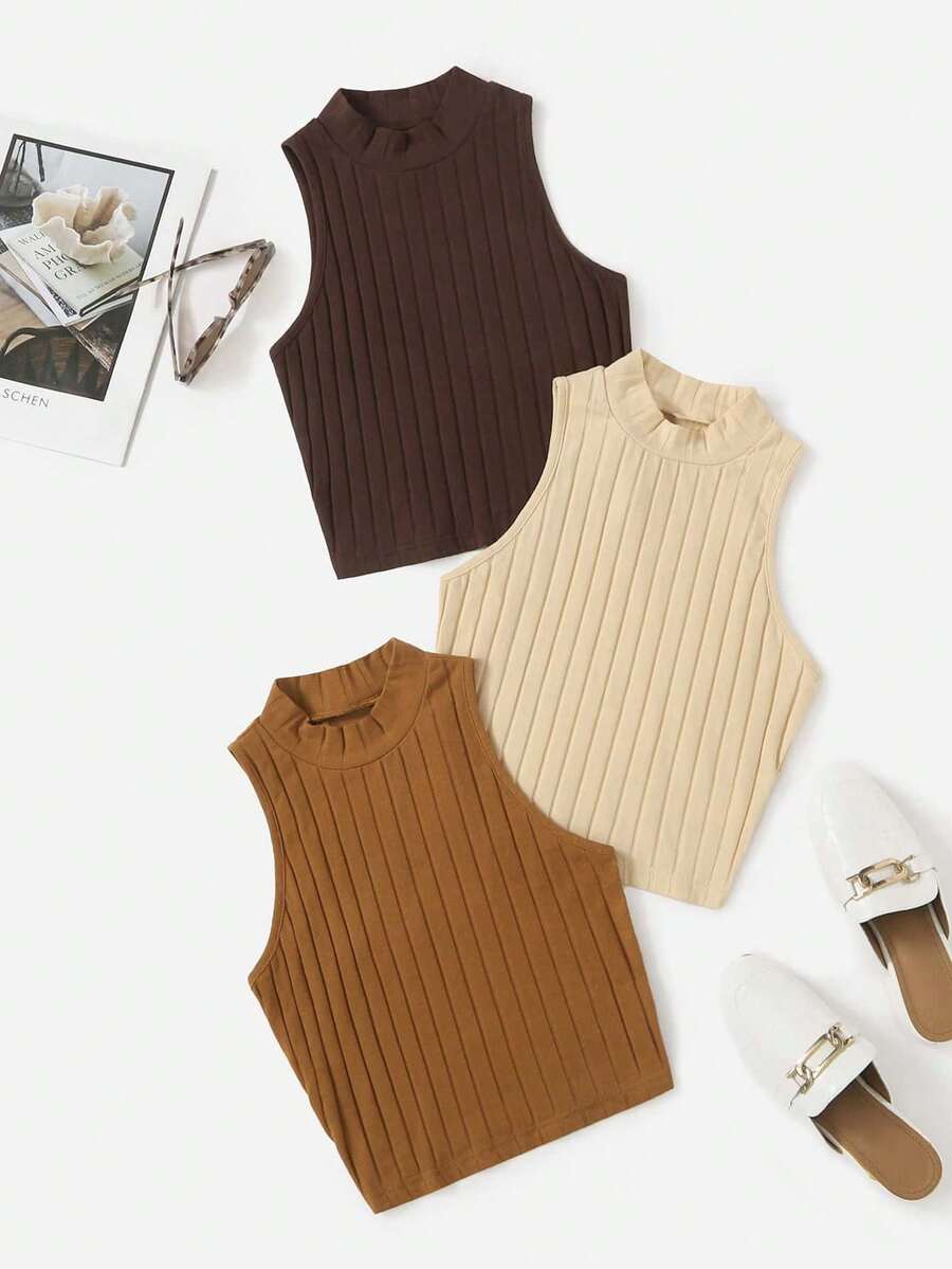 Top de tanque casual sólido de cuello redondo acanalado para el verano - Multicolor 7 - Ver 1
